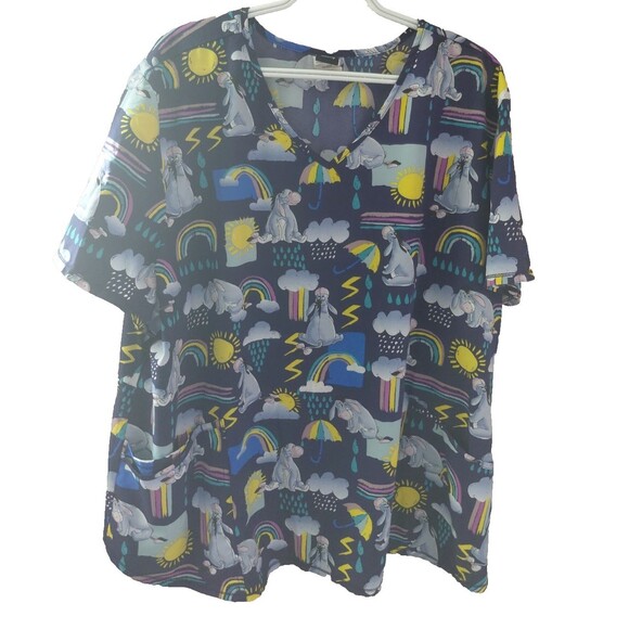 DISNEY Women Scrub Top Winnie The Pooh Eeyore  V-Neck Short Sleeve Pockets 3XL - Picture 1 of 8